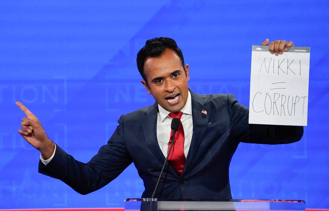 Dec 6, 2023; Tuscaloosa, AL, USA; Businessperson Vivek Ramaswamy during the fourth Republican Presidential Primary Debate presented by NewsNation at the Frank Moody Music Building University of Alabama. Mandatory Credit: Gary Cosby-USA TODAY
