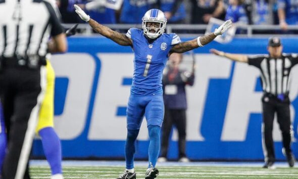 Detroit Lions cornerback Cameron Sutton (1) celebrates a play against the Los Angeles Rams during the second half of the wild-card round game at Ford Field in Detroit on Sunday, Jan, 14, 2024.