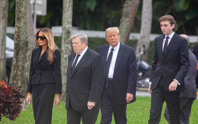Melania Trump, her father Viktor Knavs, former President Donald Trump and Barron Trump arrive at Bethesda-by-the-Sea Thursday for the funeral of her mother, Amalija Knavs.