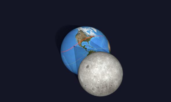 graphic illustration showing the moon between the sun and earth, casting a shadow on our planet.