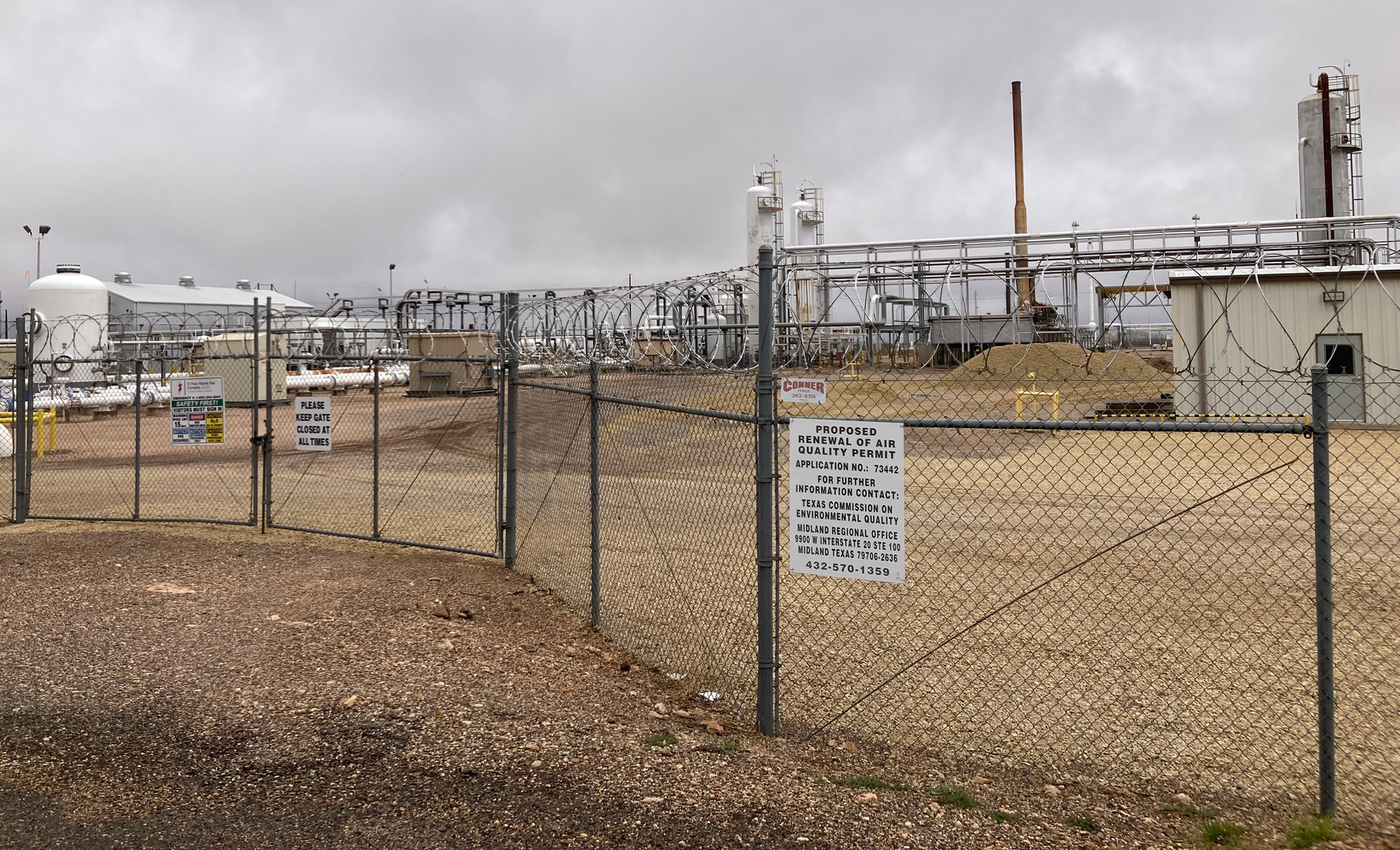 A view of the El Paso Natural Gas Company Waha station, owned by Kinder Morgan, near the Waha Hub in Pecos County, Texas. The El Paso Natural Gas Company is a pipeline system that transports natural gas from the Permian Basin to California, Arizona, Nevada, New Mexico, Oklahoma, Texas and Northern Mexico.