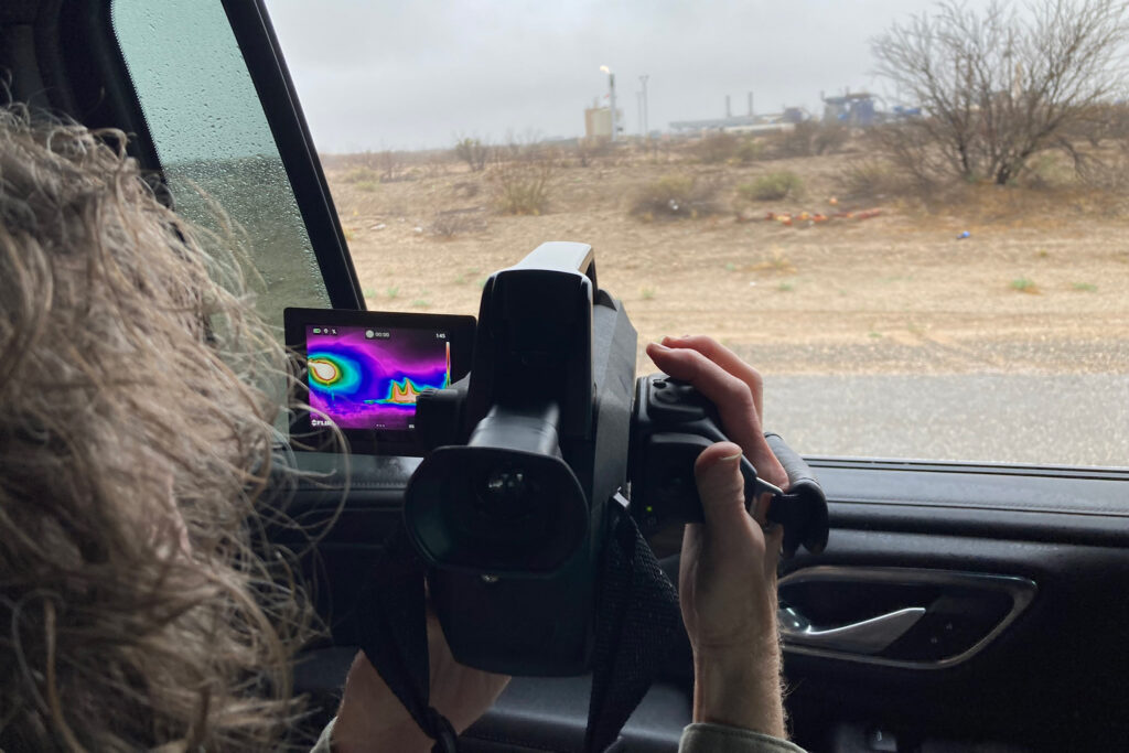 Sharon Wilson of Oilfield Witness tracks emissions from a flare near the town of Pecos, Texas. Credit: Martha Pskowski/Inside Climate News