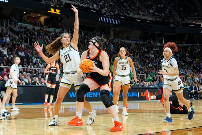 Oregon State Beavers forward Raegan Beers (15) looks to put up a shot against Notre Dame Fighting Irish forward Maddy Westbeld (21) during the second half in the semifinals of the Albany Regional of the 2024 NCAA Tournament at the MVP Arena March 29, 2024, in Albany, New York.