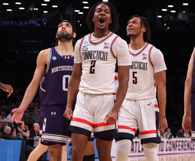 Connecticut guard Tristen Newton (2) reacts during his team's second game against Northwestern in the second round of the 2024 NCAA men's tournament at the Barclays Center.