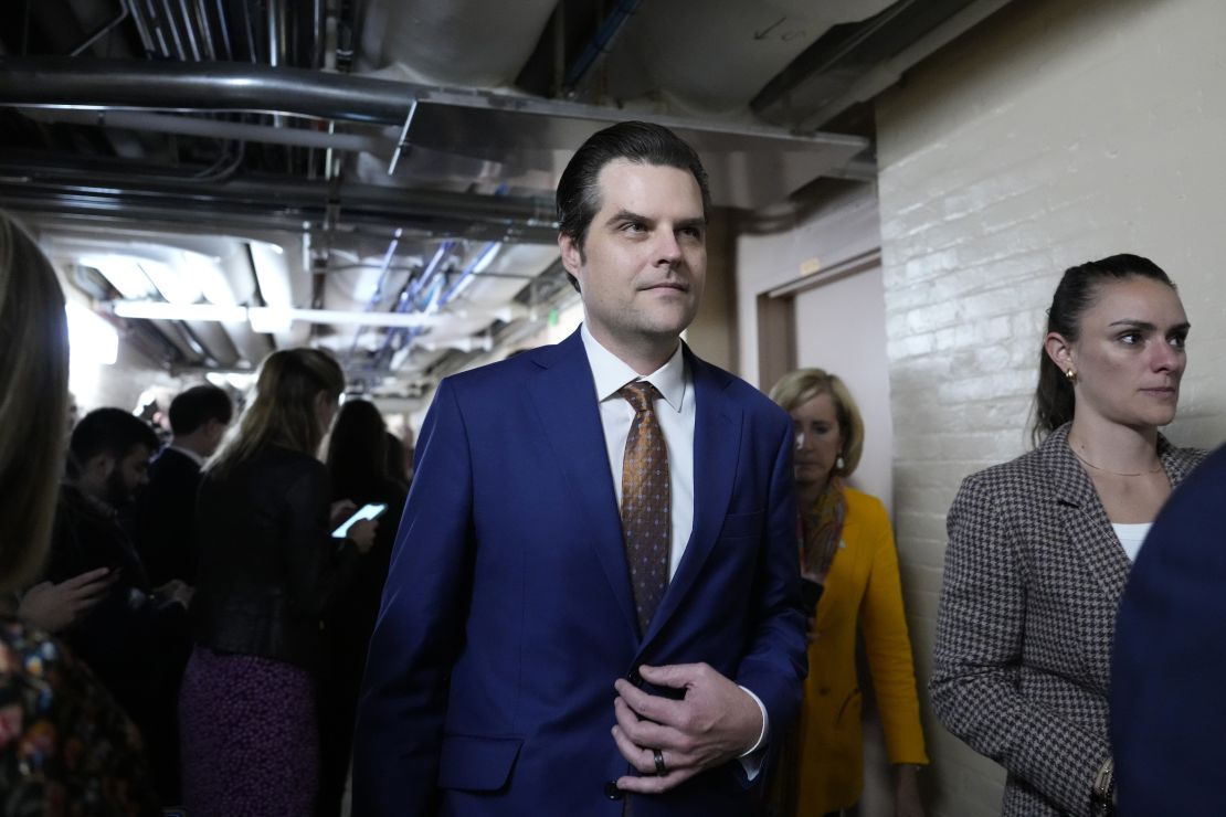 Rep. Matt Gaetz leaves a closed-door House Republican meeting at the US Capitol on October 20, 2023, in Washington, DC.