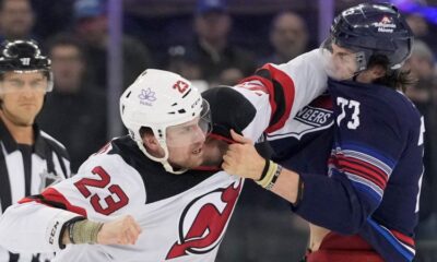 NHL fight: Chaos ensues at puck drop between New York Rangers and New Jersey Devils as 10 players brawl
