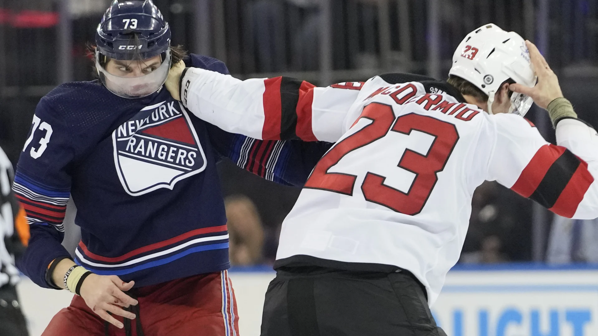 All 10 skaters brawl off opening faceoff at start of Devils-Rangers game