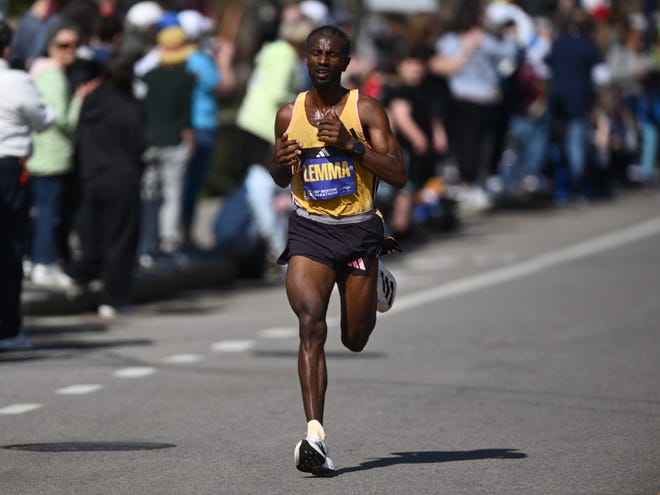Sisay Lemma of Ethiopia in the lead during the 2024 Boston Marathon