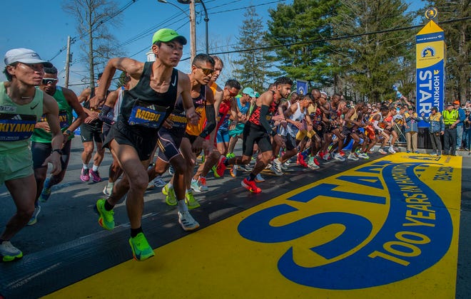 The professional men's start at the 128th running of the Boston Marathon in Hopkinton, April 15, 2024.