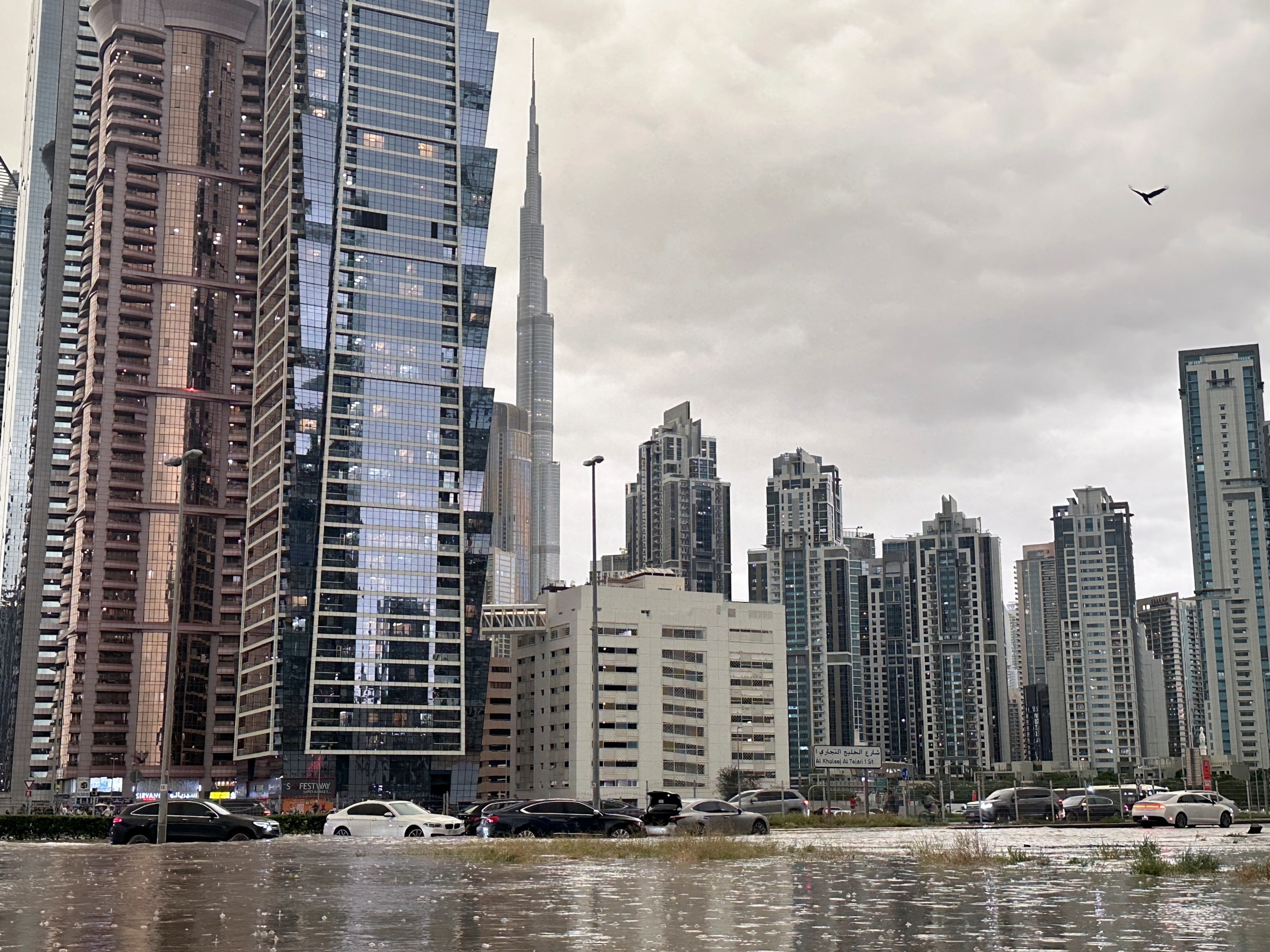 PHOTO: A general view of floods caused by heavy rains, with the Burj Khalifa tower visible in the background, in Dubai, United Arab Emirates, April 16, 2024. 