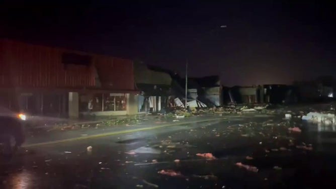 This image shows buildings that received heavy damage after a tornado in Sulphur, Oklahoma, on Saturday, April 27, 2024.