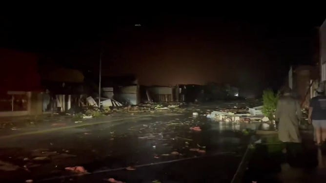 This image shows debris in a street after a tornado in Sulphur, Oklahoma, on Saturday, April 27, 2024.