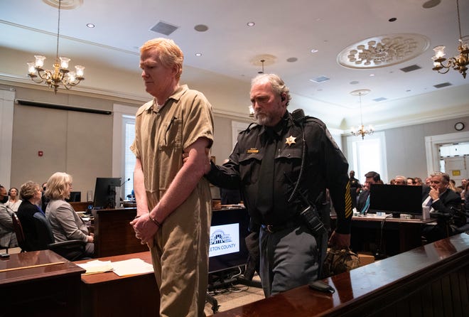 Alex Murdaugh sentenced to life in prison after conviction in double murder trial during his sentencing at the Colleton County Courthouse in Walterboro on Friday, March 3, 2023 after he was found guilty on all four counts. Andrew J. Whitaker/The Post and Courier/Pool