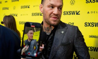 Conor McGregor speaks to press on the red carpet before the premiere of Road House at the Paramount Theatre in Austin, Texas on the first day of South by Southwest, Friday, March 8, 2024. McGregor plays the character