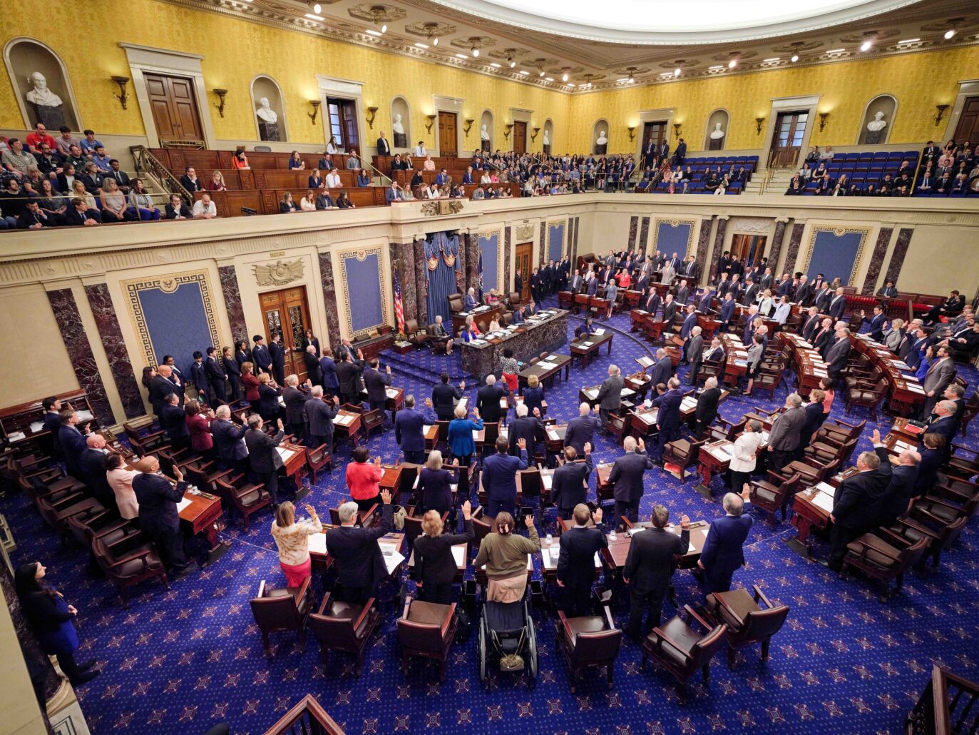 U.S. senators being sworn in for the impeachment trial of Homeland Security Secretary Alejandro Mayorkas