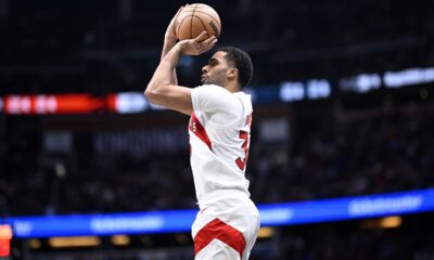 Toronto Raptors center Jontay Porter attempts a 3-point shot during the second half of an NBA basketball game against the Orlando Magic, Sunday, March 17, 2024, in Orlando, Fla. (AP Photo/Phelan M. Ebenhack)