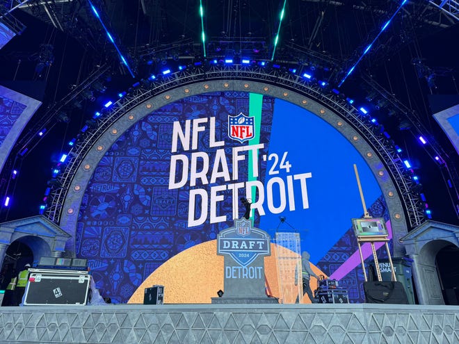 A view of the stage inside the 2024 NFL draft theater on April 23, 2024, in downtown Detroit.