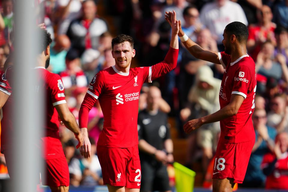 Andrew Robertson celebrates scoring for Liverpool (AP)