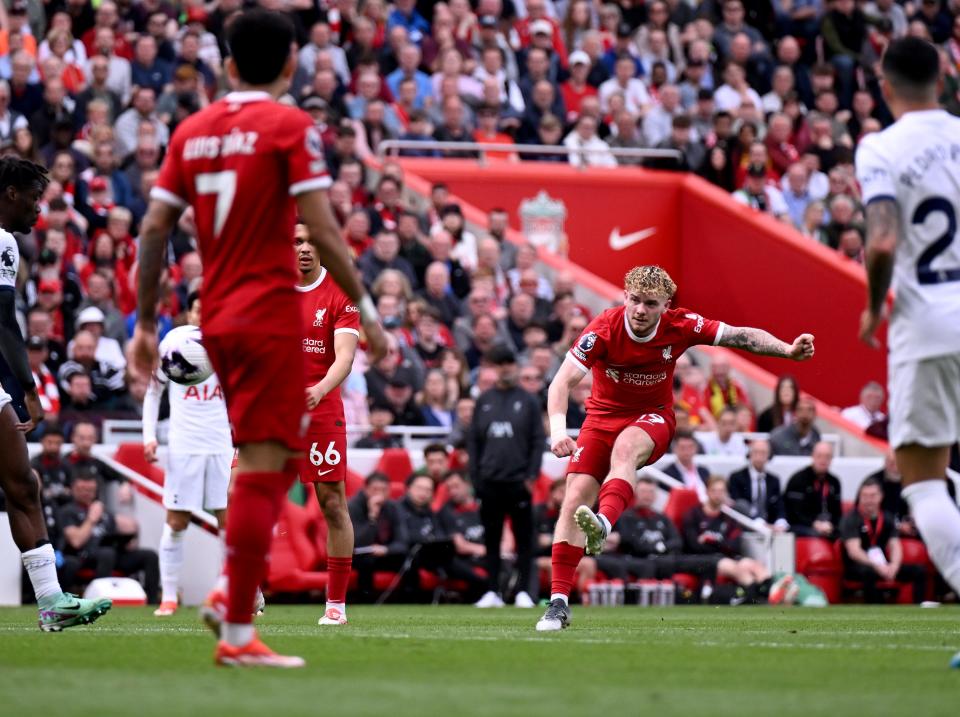 Harvey Elliott fires home Liverpool’s fourth goal (Liverpool FC via Getty Images)