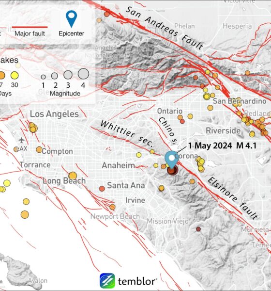 Figure 1. Map showing the past 30 days of earthquakes in the region, as well as Wednesday's mainshock. Credit: Temblor, CC BY-NC-ND 4.0