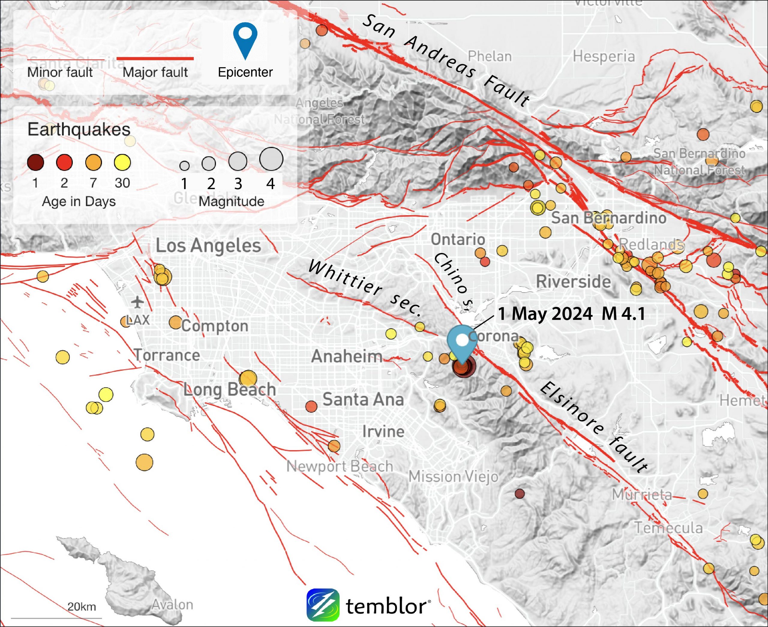 Figure 1. Map showing the past 30 days of earthquakes in the region, as well as Wednesday's mainshock. Credit: Temblor, CC BY-NC-ND 4.0