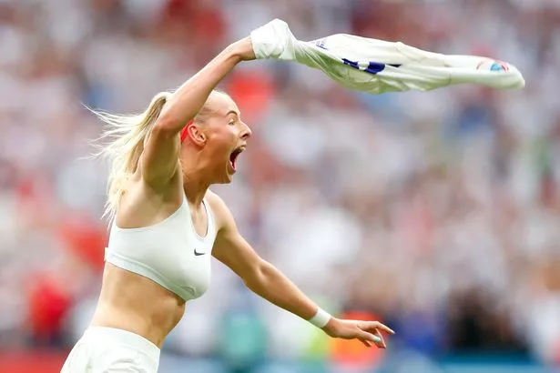 Chloe Kelly swings her shirt around after scoring for England