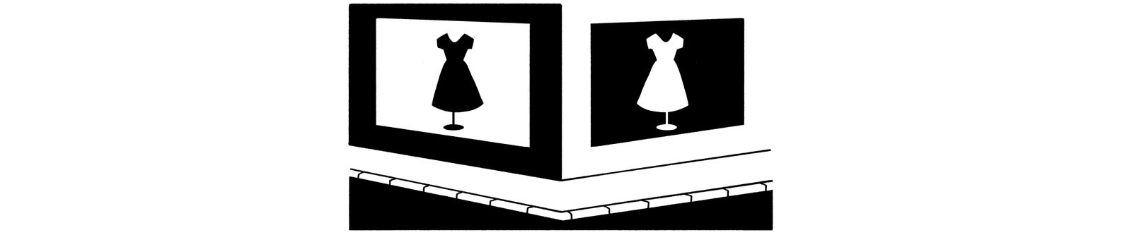 A street corner with a black and white dress in a window display