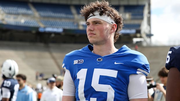 Penn State Nittany Lions quarterback Drew Allar walks off the field following the Blue-White Game at Beaver Stadium.