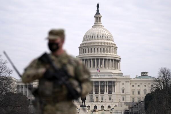 A member of the National Guard patrols the area outside of the U.S. Capitol in Washington, Feb. 10, 2021. (AP Photo/Jose Luis Magana, File)