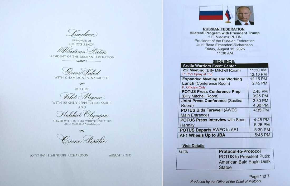 Pictures of two documents about the Trump-Putin meeting in Alaska that were found in a public hotel printer in Anchorage.