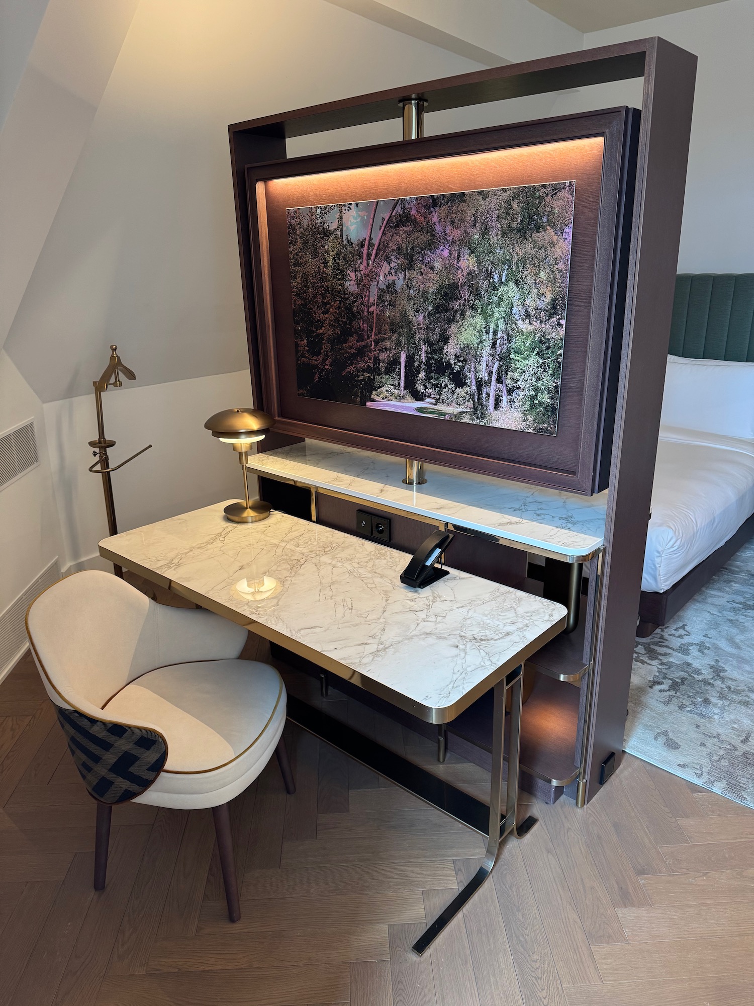 a desk and chair in a room