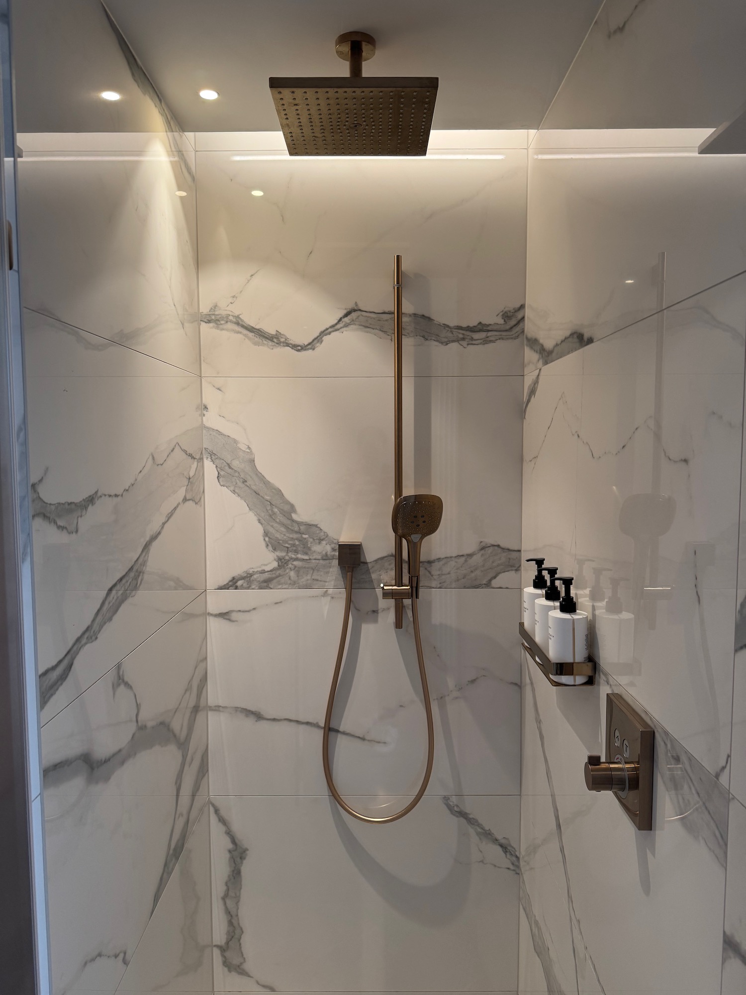 a shower with a gold shower head