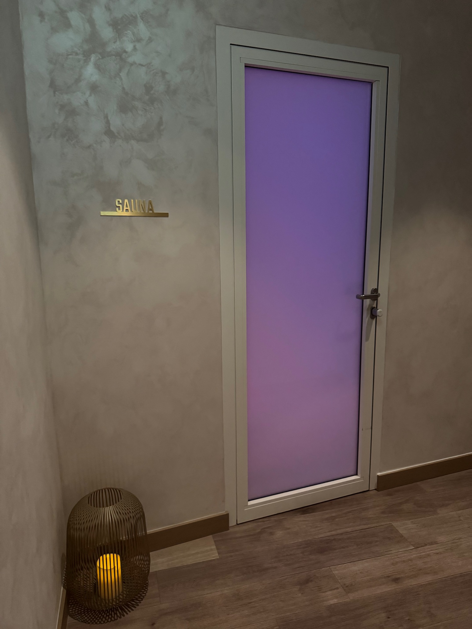 a door with a purple frosted glass