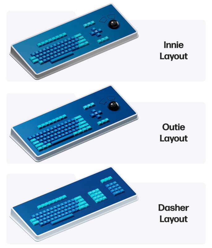 Three blue computer keyboards show different key arrangements: “Innie Layout” has indented key clusters, “Outie Layout” has outward-protruding clusters, and “Dasher Layout” has a diagonal key arrangement.