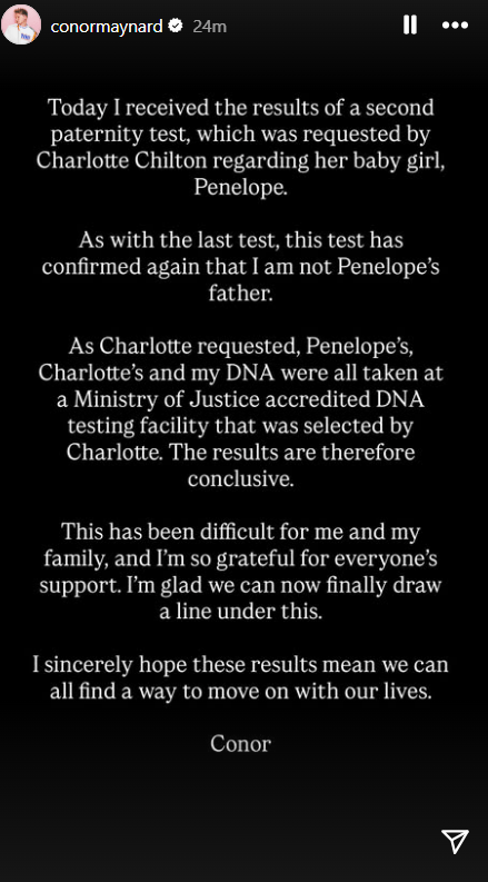 Conor Maynard's statement on the results of a second paternity test.