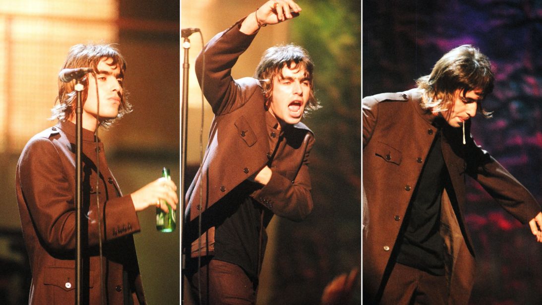 Liam Gallagher of Oasis during an infamous appearance at the 1996 MTV Video Music Awards Show at Radio City Music Hall in New York City.