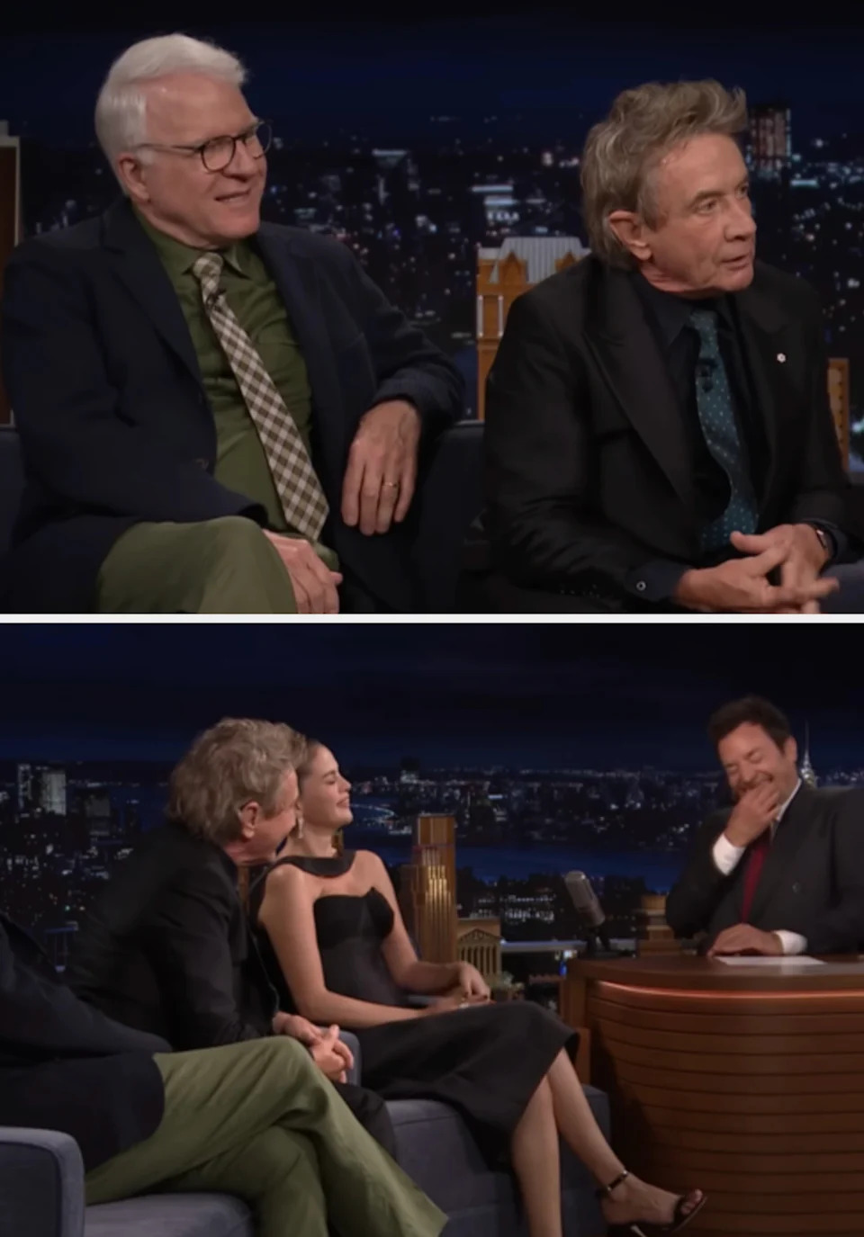 Jimmy laughing while speaking with Steve, Martin, and Selena