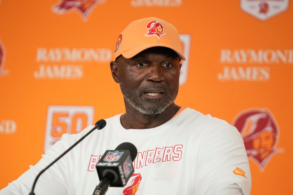 Todd Bowles speaks to the media after the Buccaneers-Jets game on Sept. 21, 2025. 