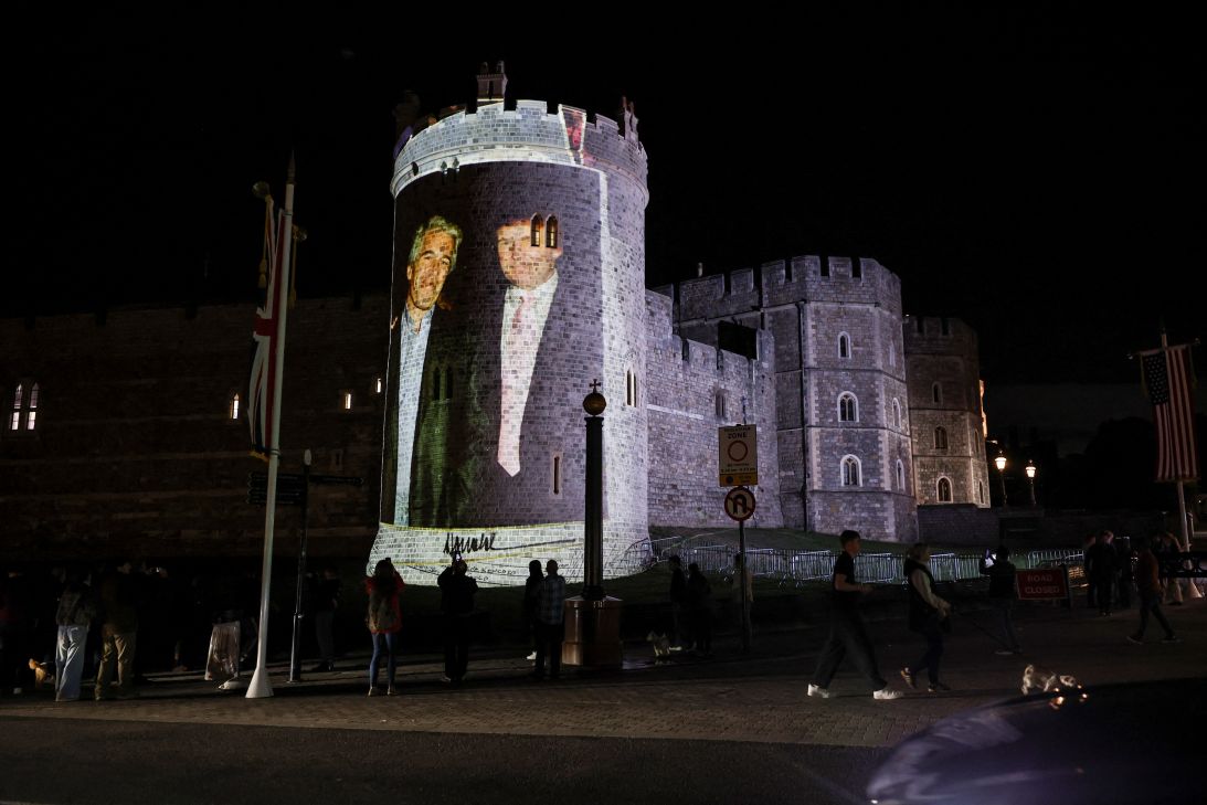 An image of President Donald Trump alongside disgraced financier Jeffrey Epstein is projected on Windsor Castle on Tuesday.