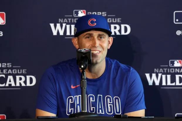 Cubs pitcher Matthew Boyd speaks to the media at Wrigley...