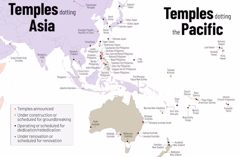 Map showing locations and statuses of temples of The Church of Jesus Christ of Latter-day Saints in Asia and the Pacific as of September 2025.